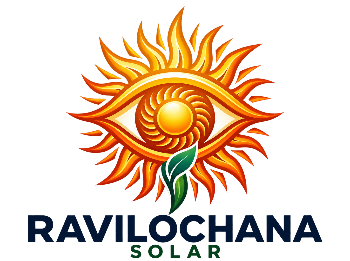 Ravilochana Solar logo featuring a stylized golden sun and eye symbol with a green leaf, above the company name in dark blue and green text.