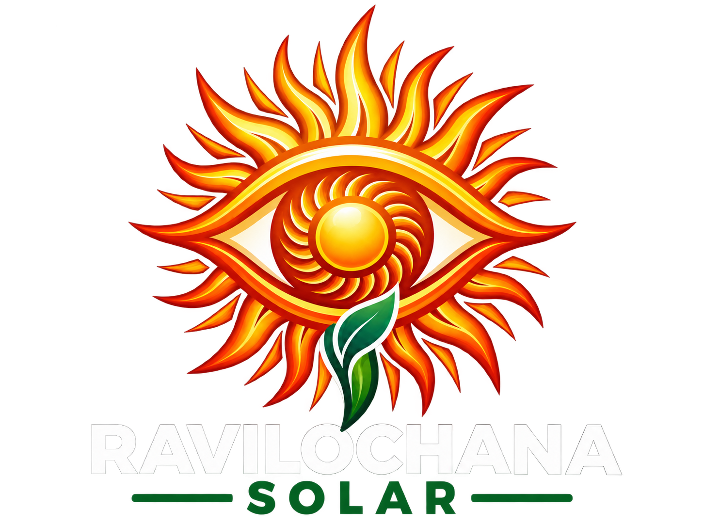 Ravilochana Solar logo featuring a stylized golden sun and eye symbol with a green leaf, above the company name in dark blue and green text.