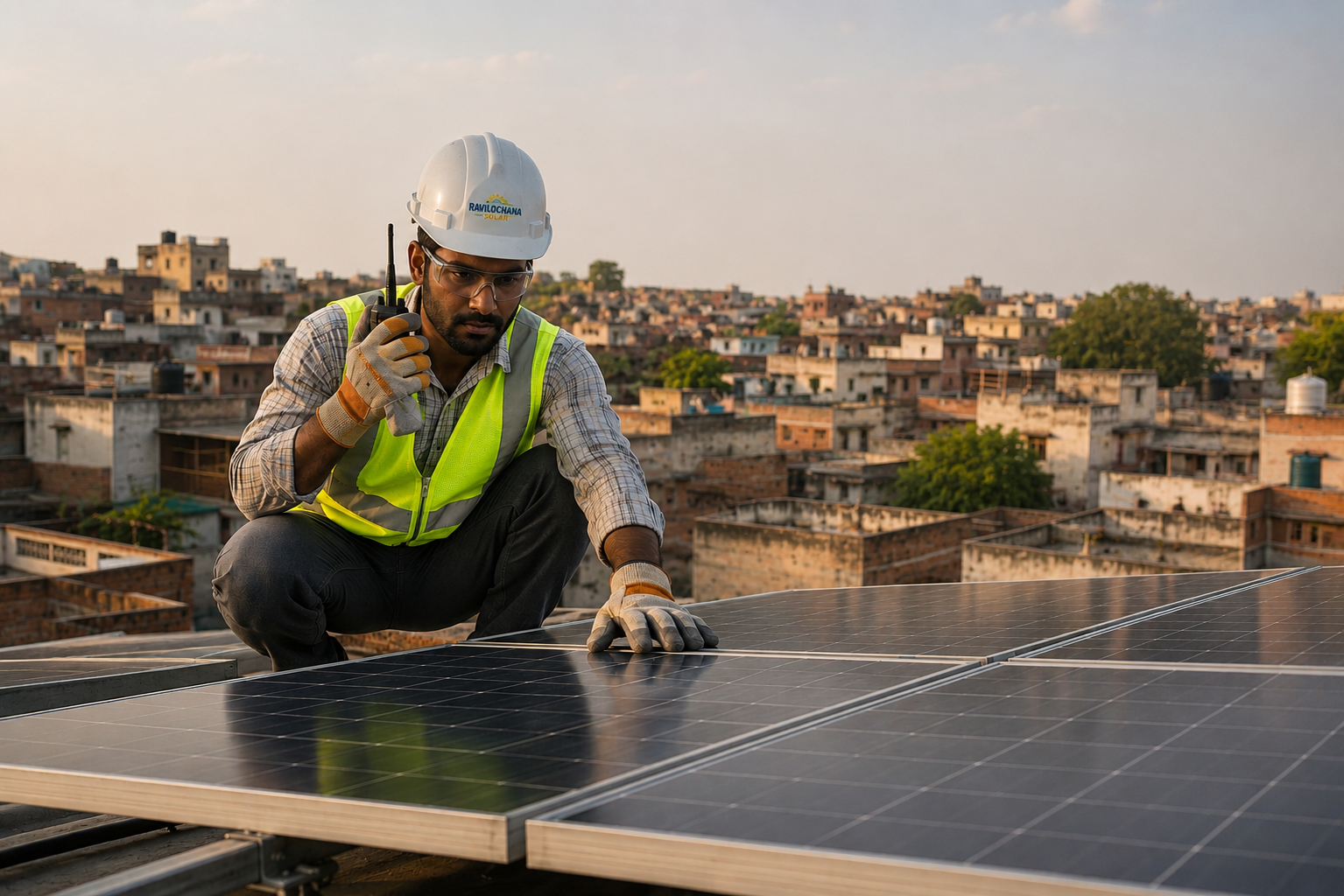 Solar panel installation worker inspecting rooftop solar panels in Jaipur