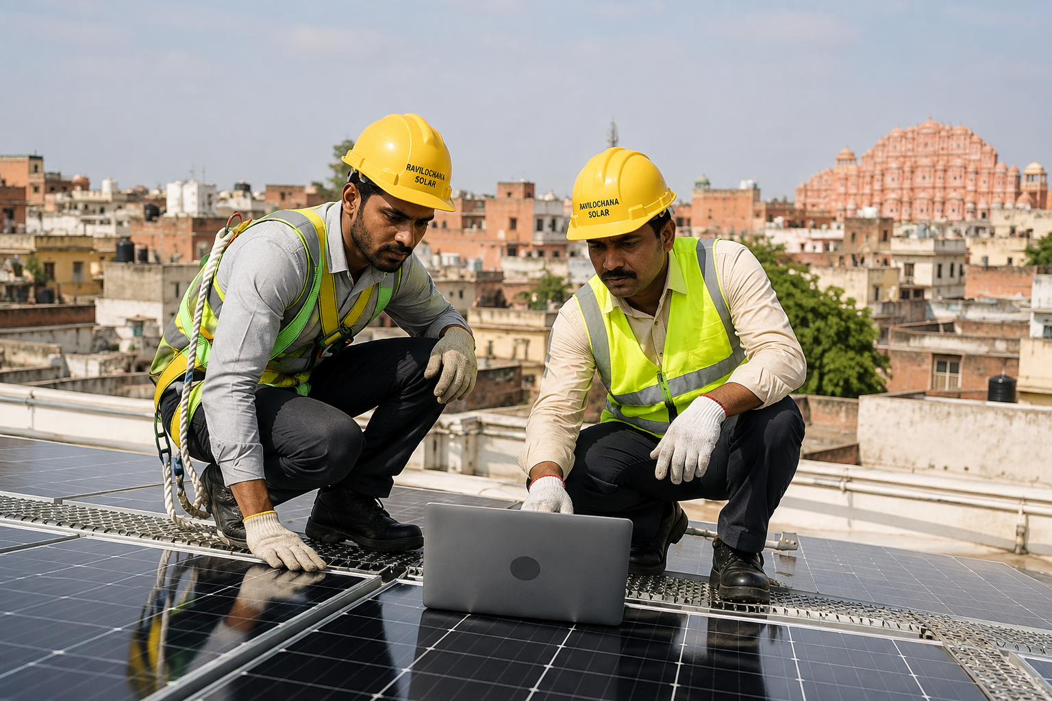 Solar panel installation workers on a rooftop in Jaipur